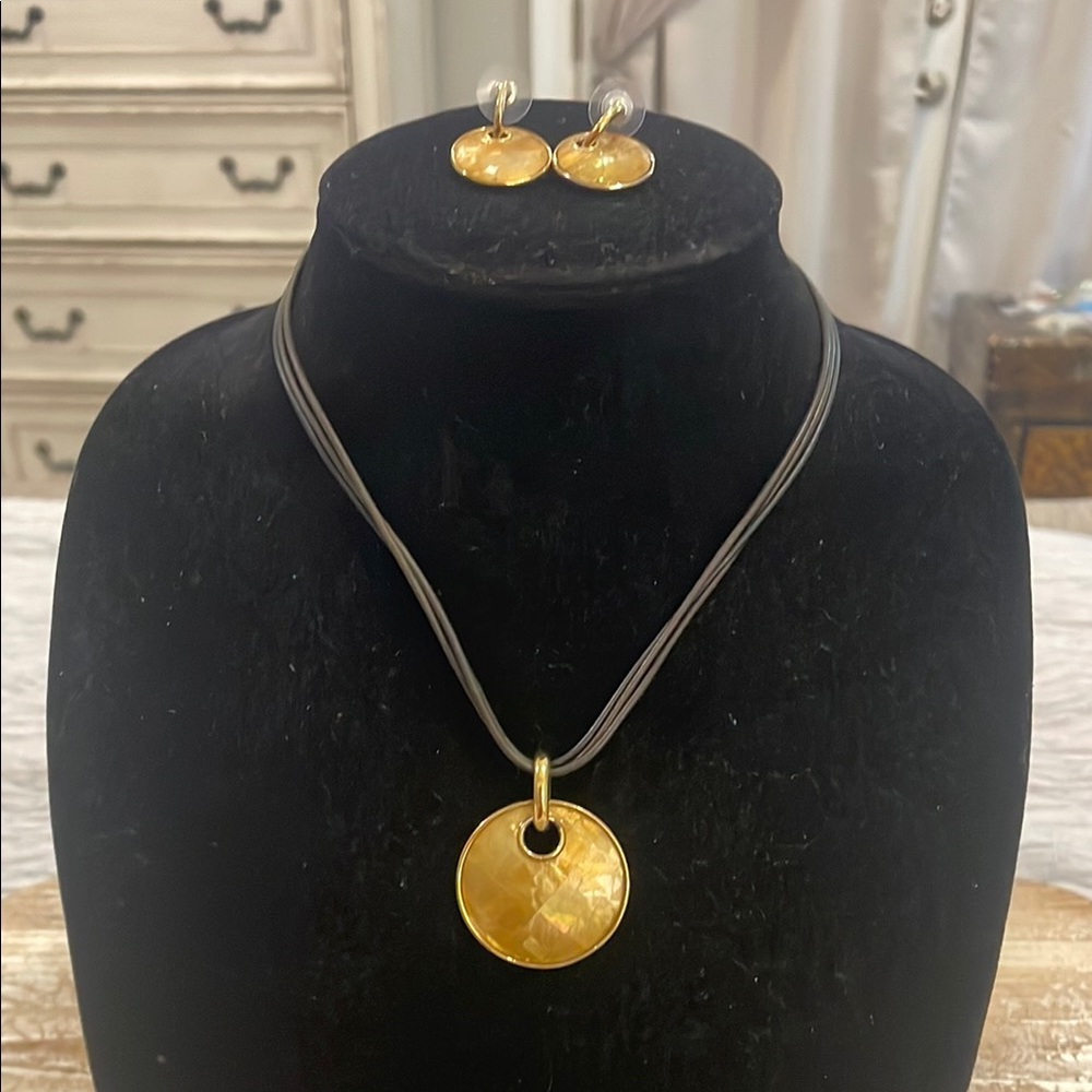 Lia Sophia Black Rope Gold Tone Disc Pendant And Matching Earrings Set